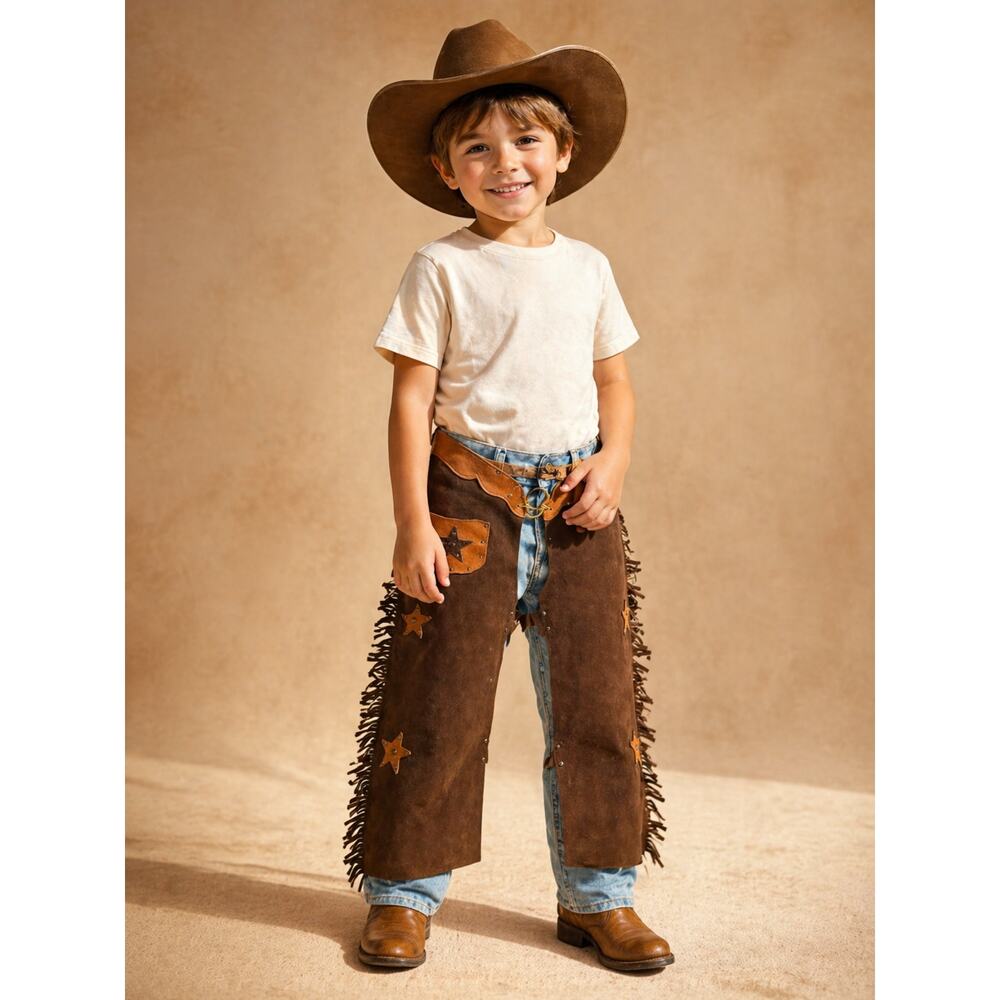 Kids Leather Western Chaps Brown Fringe USA Adjustable Cowboy Rodeo Costume